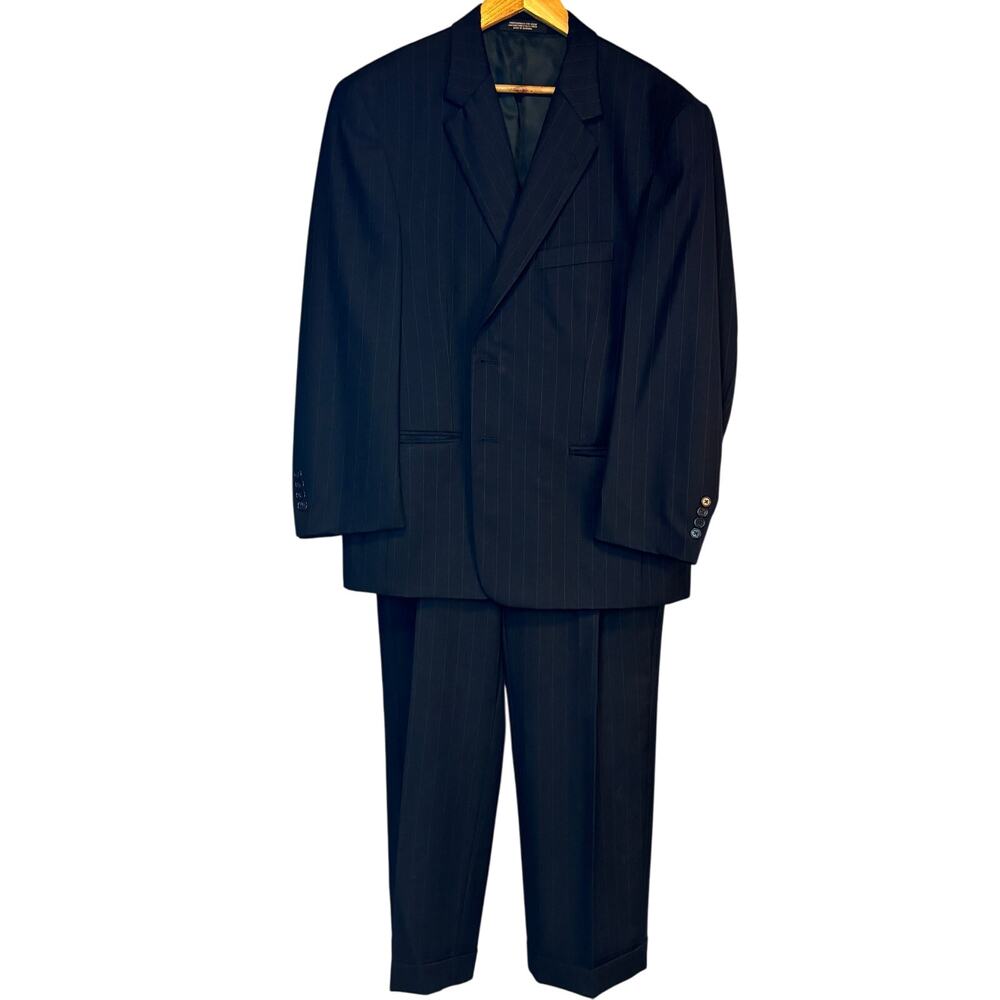 Evan Picone Pinstripe Worsted Wool 2 Piece Suit Blazer Coat Cuffed Pants 44S/W36
